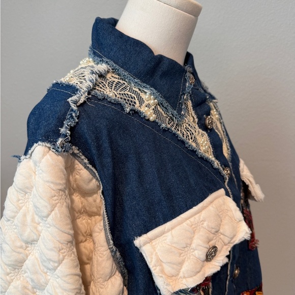 POL Denim Jacket with Lace and Patterned Accents - Picture 3 of 5